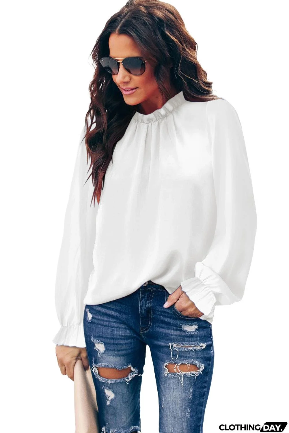 Frilled Mock Neck Balloon Sleeve Blouse
