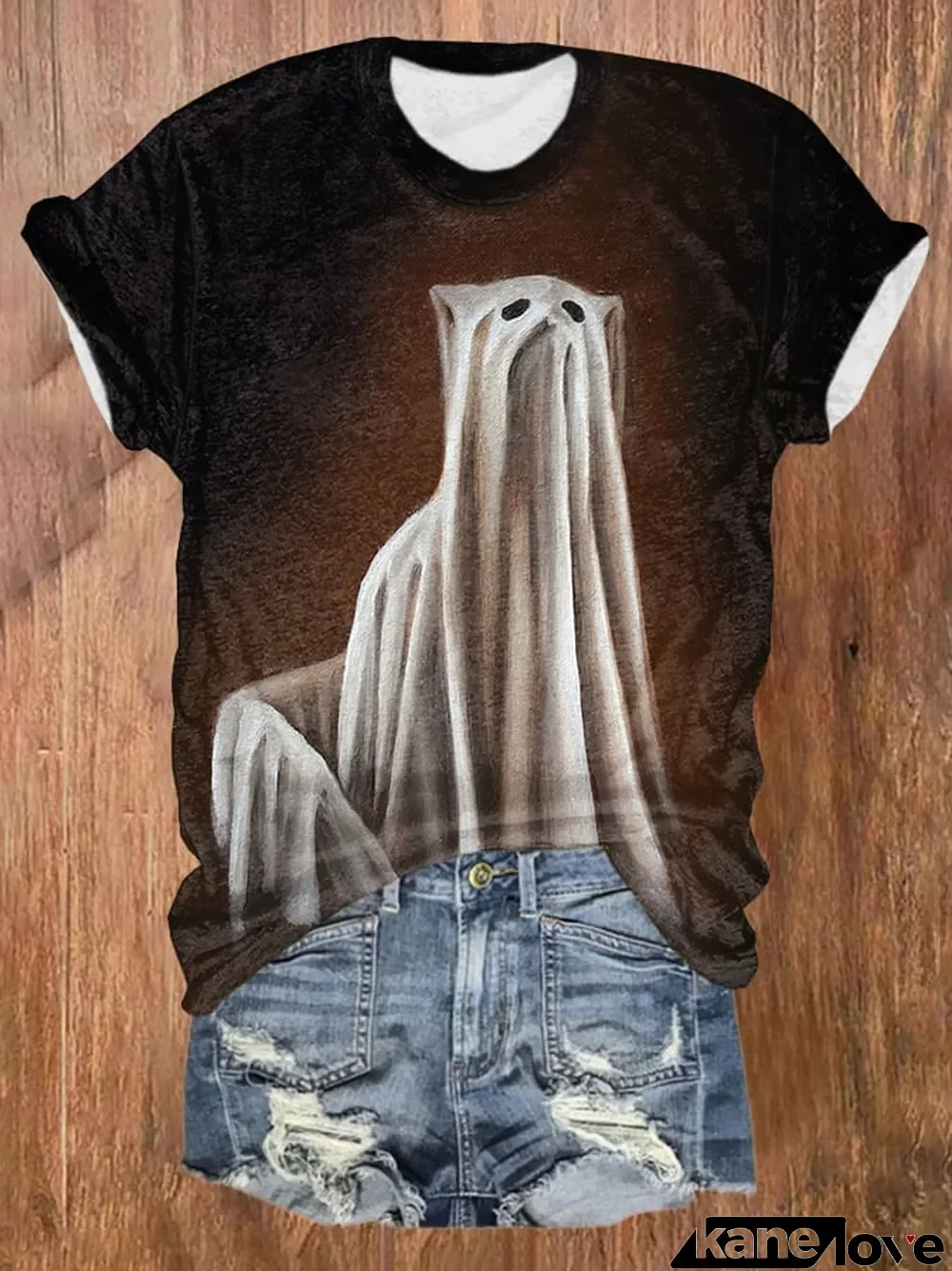 Retro Gradient Ghost Cat Print T-Shirt