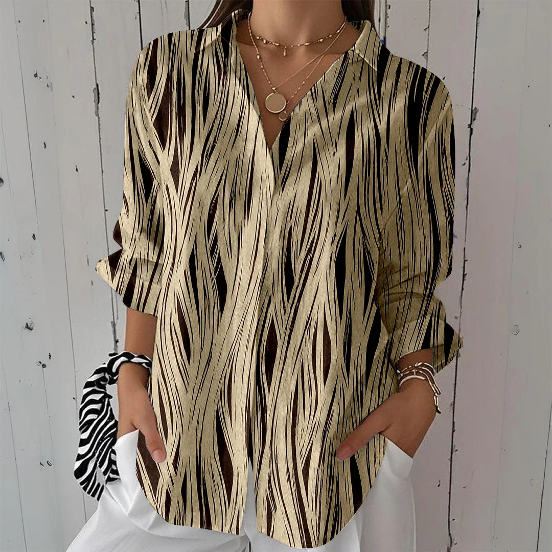 Style & Comfort for Mature Women Women Striped, Black, Beige DZCL0472 3/4 Sleeve Shirt Collar Printed Button Tops