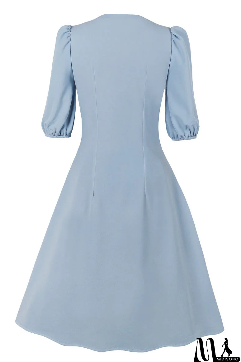 MidiSono - Sky Blue Half Sleeves A-Line Midi Dress