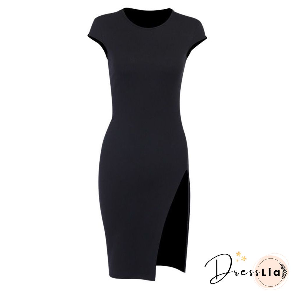 Elegant Flat Sleeve Jersey Knitted Side Thigh Split Short Dress
