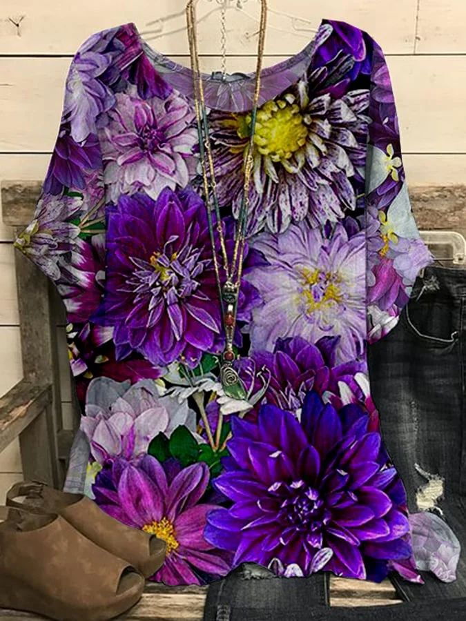 Women's Purple Floral Slit Top