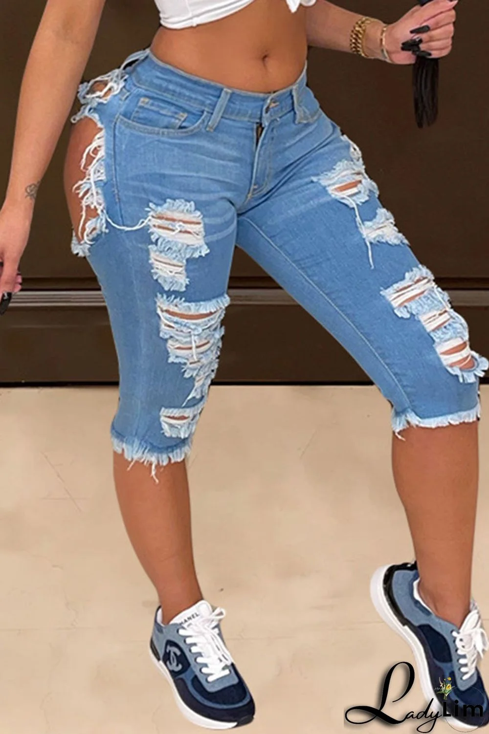 Blue Fashion Casual Solid Ripped High Waist Skinny Denim Shorts