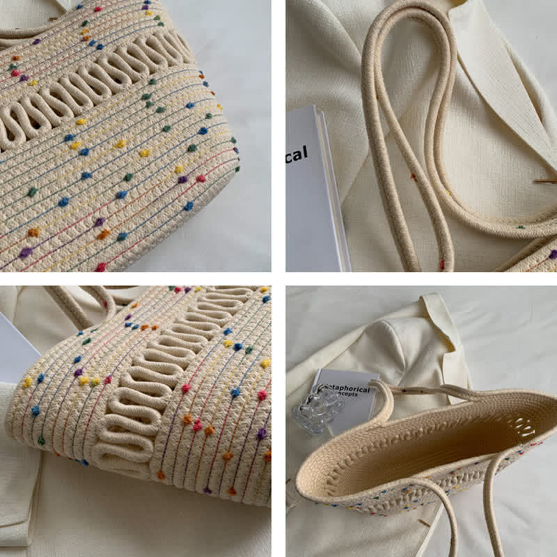 Vintage Colorblock Dot Hollow Boho Handmade Straw Tote Bag