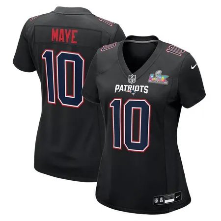 Women's New England Patriots #10 Drake Maye  Black Super Bowl LX Patch Carbon Fashion Game Jersey
