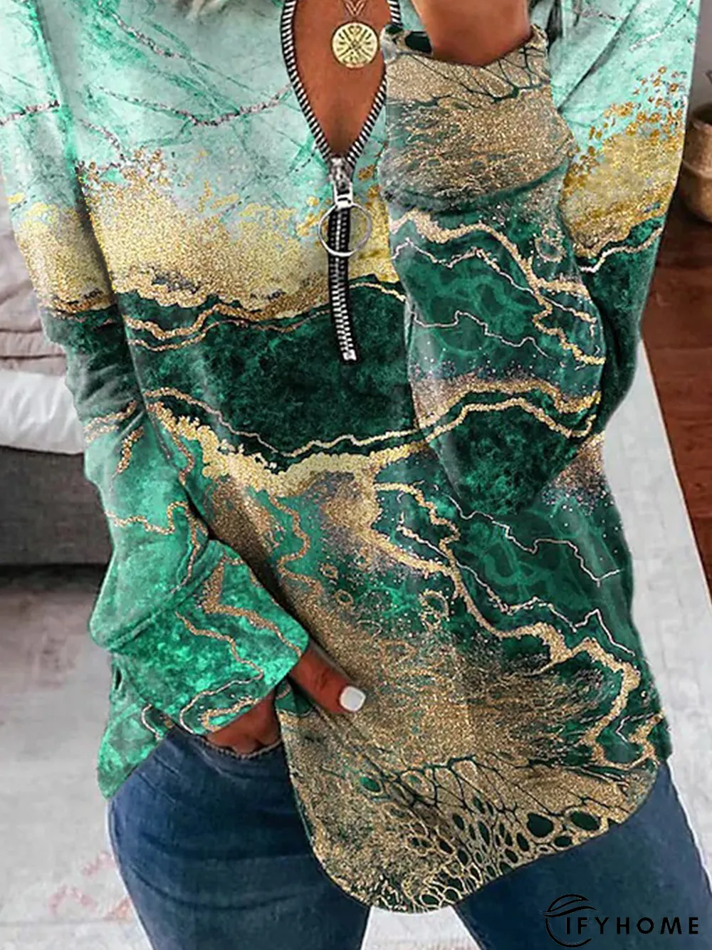 V Neck Casual Long sleeve Zipper Sweatshirt | IFYHOME