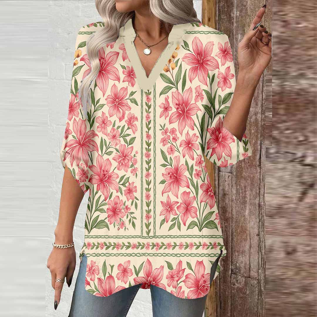 Women Tropical, Floral, Green, Pink DZGA0078 3/4 Sleeve V-neck Printed Graphic Button Tops