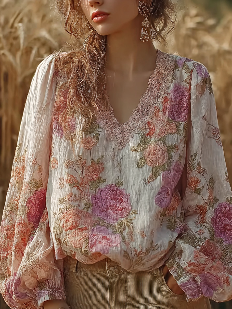 Bohemian Retro Countryside Style Plant Flower Design Cotton And Linen Women's Long-sleeve Shirt Bohemian Retro Countryside Style Plant Flower Design Cotton And Linen Women's Long-sleeve Shirt - Image 1