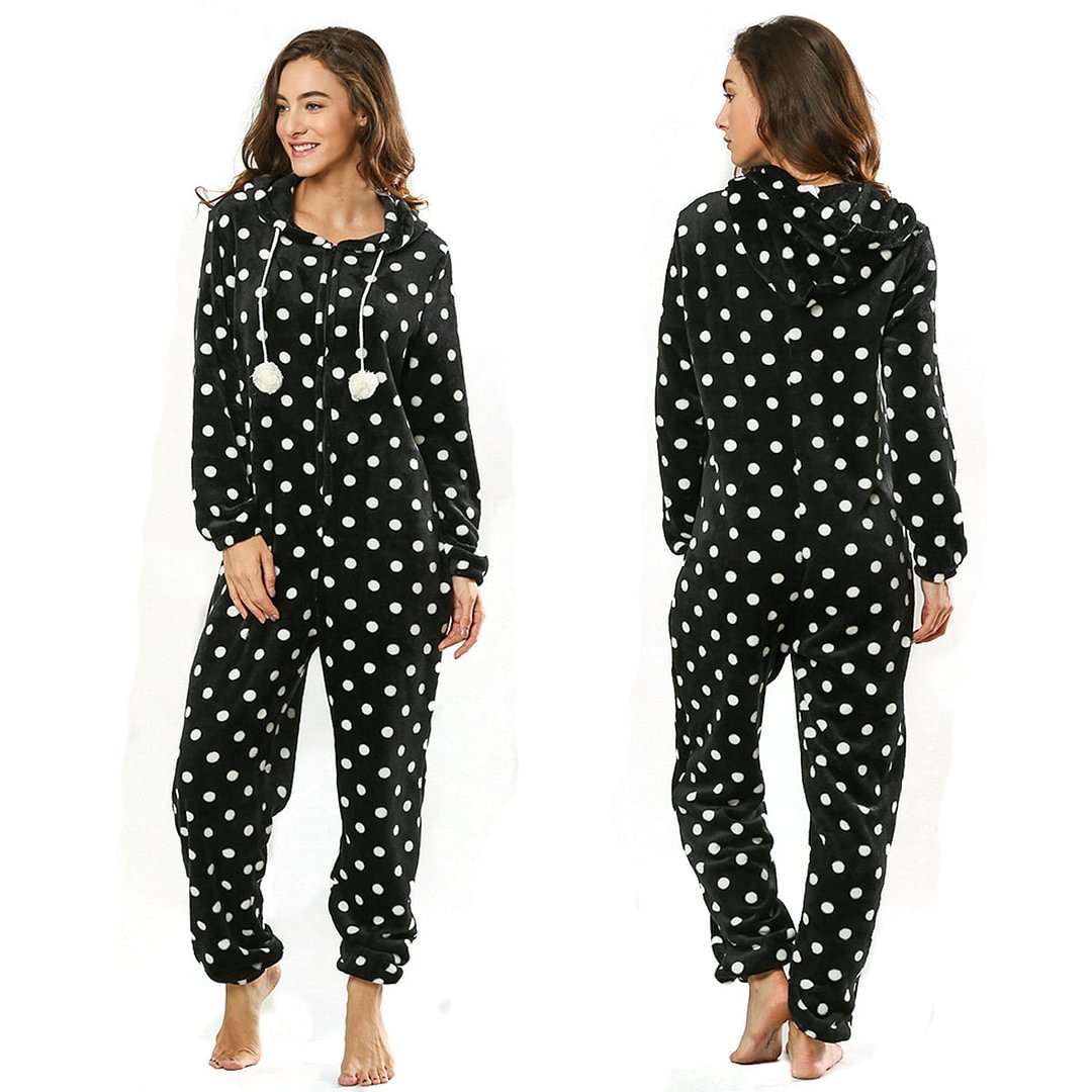 Women Dot Pattern Hoodie women jumpsuits Onesies Pajamas Sleepwear-Pajamasbuy