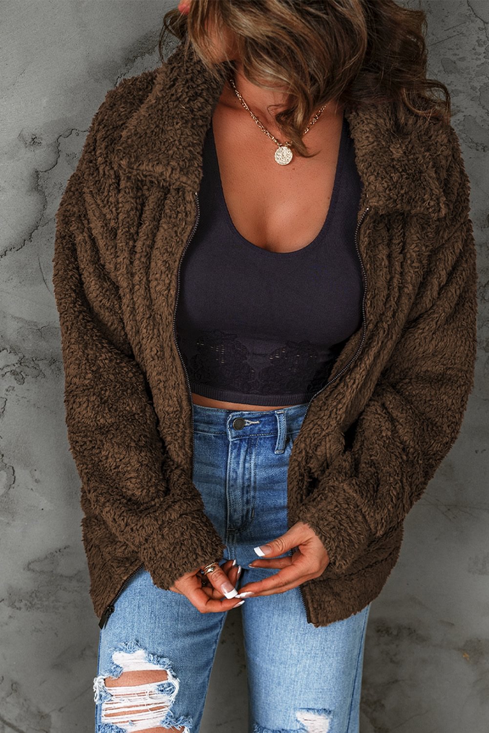 Fleece Zipper Up Casual Pocketed Coat-PABIUYOU- Women's Fashion Leader