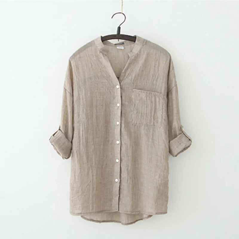 Brownm Fresh Loose Cotton Linen Three-quarter Temperament Commute Sleeve Collar Women's Shirt