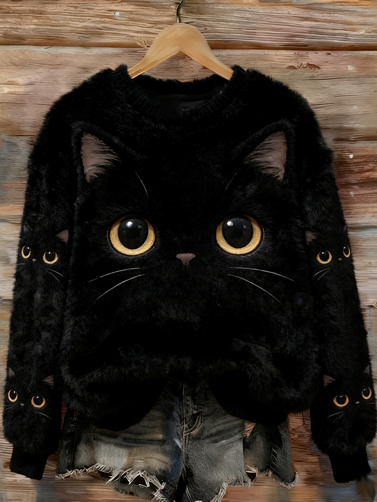 Sneaky Kitten Crew Neck Flannel Sweatshirt wearshes