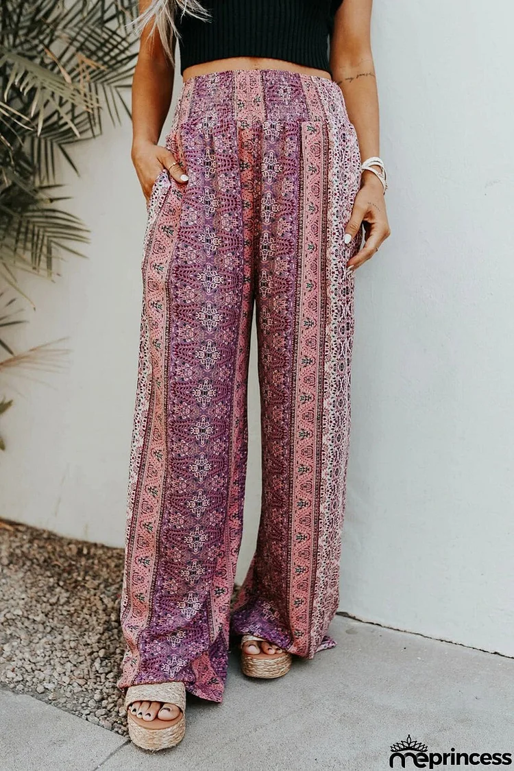 Smocked Printed Wide Leg Pants