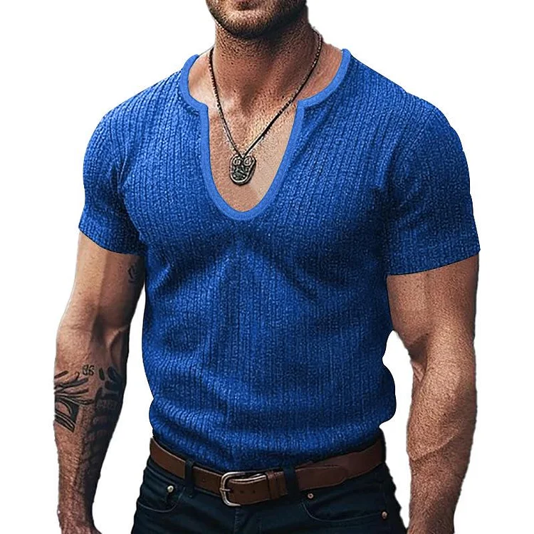 Men's Solid Slim V Neck Short Sleeve Knit T-shirt 62845940Z