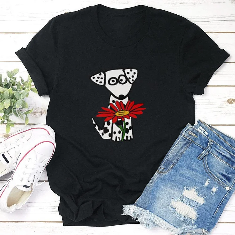 Funny Dalmatian Dog with Daisy   T-shirt Tee - 01638-Annaletters