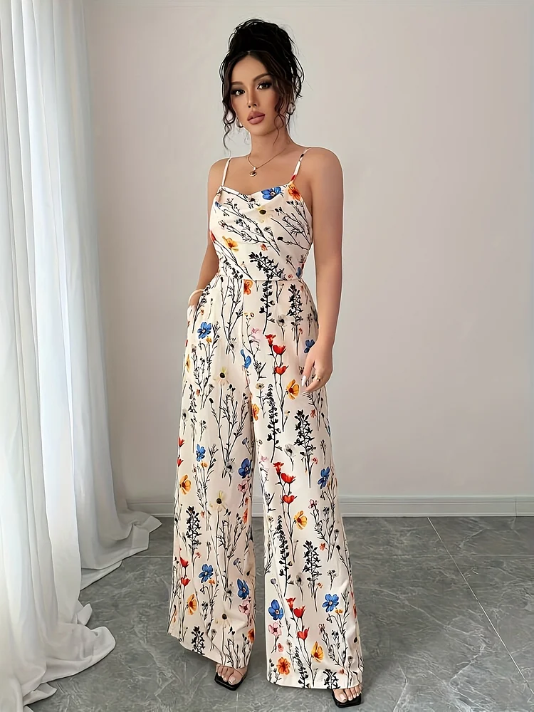 Women's Floral Print Ruched Camisole Jumpsuit - Off-Shoulder Wide-Leg Machine Washable Lightweight Jumpsuit For Spring Summer Fall, Day To Night Wear, Beach Vacations & Evening Outings, Vacation Outfit, Flowy Fabric Gown