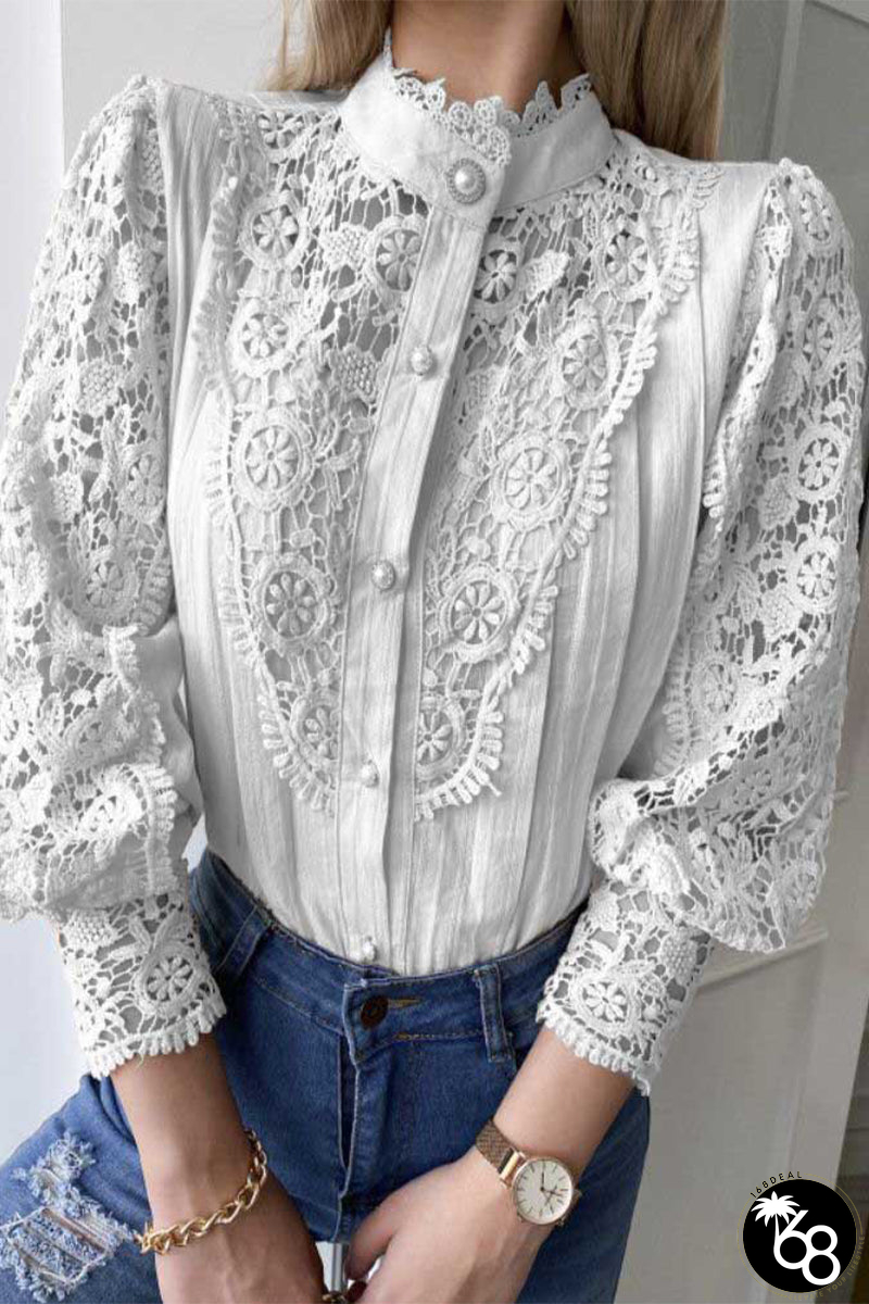 Elegant Solid Lace Mandarin Collar Tops | 168DEAL