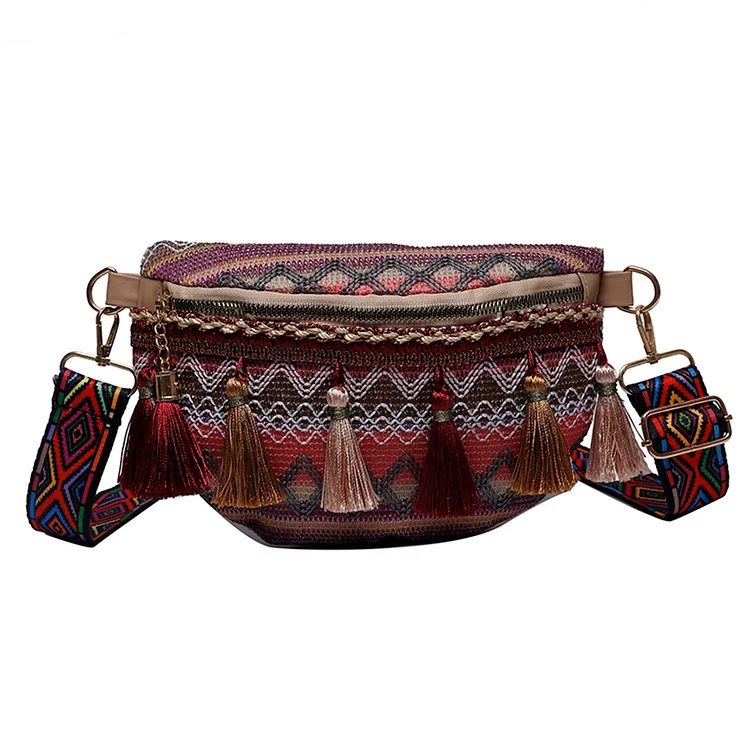 Ethnic Style Waist Fanny Pack Canvas Tassel Crossbody Chest Belt Bag (Red)