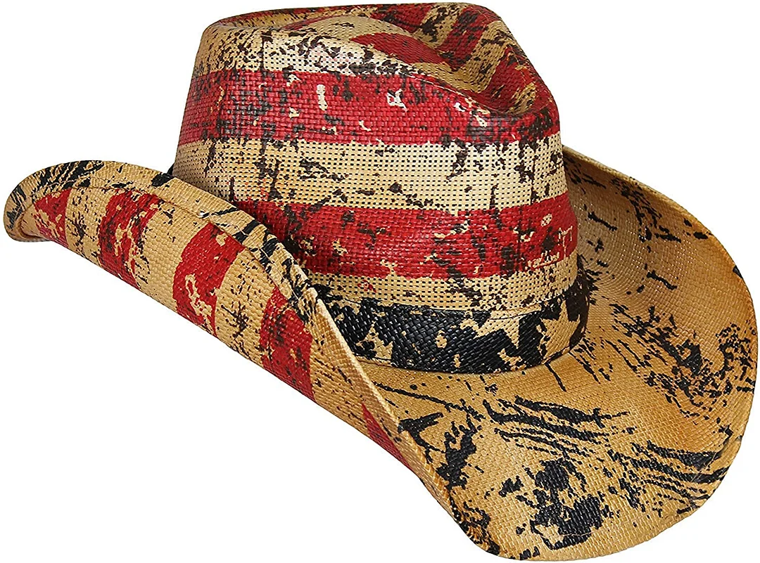 American Tea Stained Cowboy Hat, Vintage Straw USA Cowboy Hat with Stars & Stripes