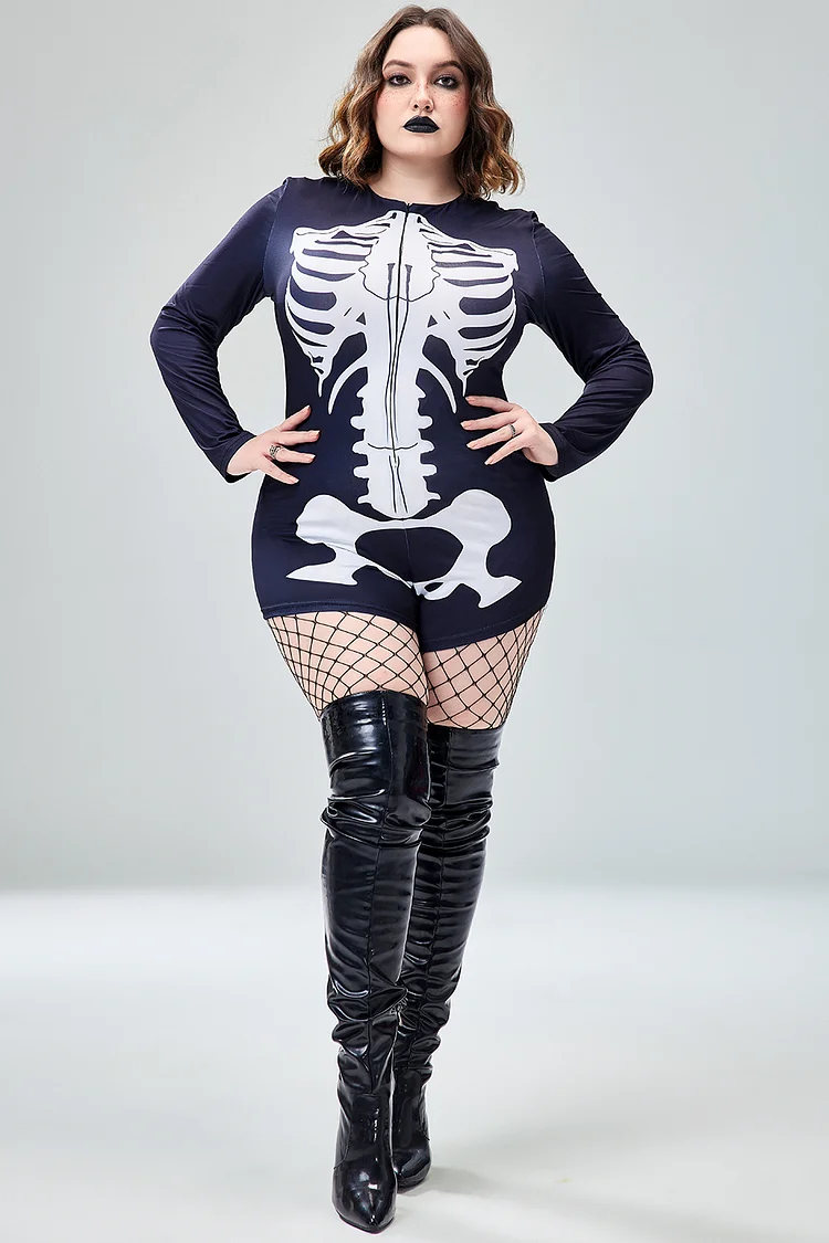 Xpluswear Design Plus Size Halloween Costume Gothic Black Skeleton Print Long Sleeve Knitted Bodysuit 