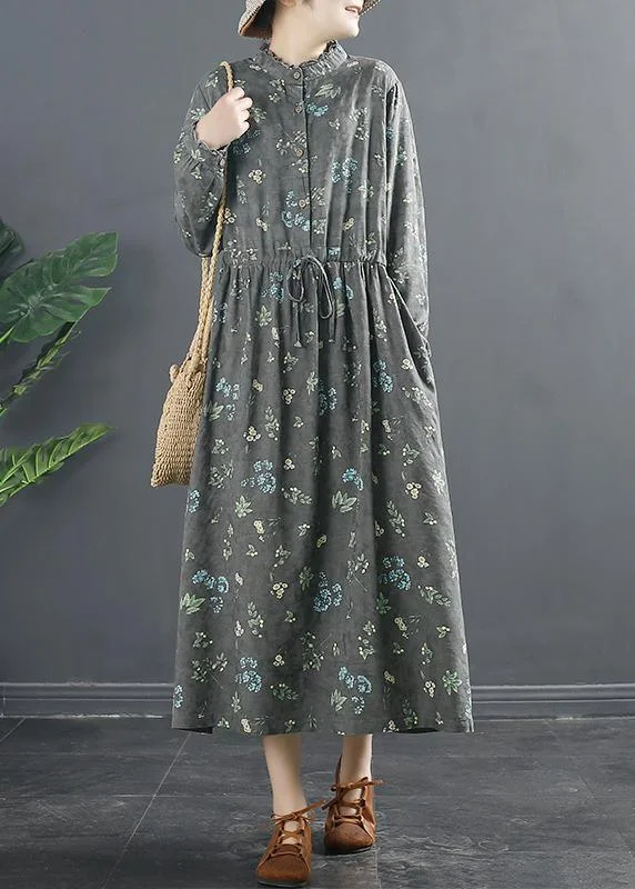 Vivid Drawstring Spring Long Design Gray Print Dresses
