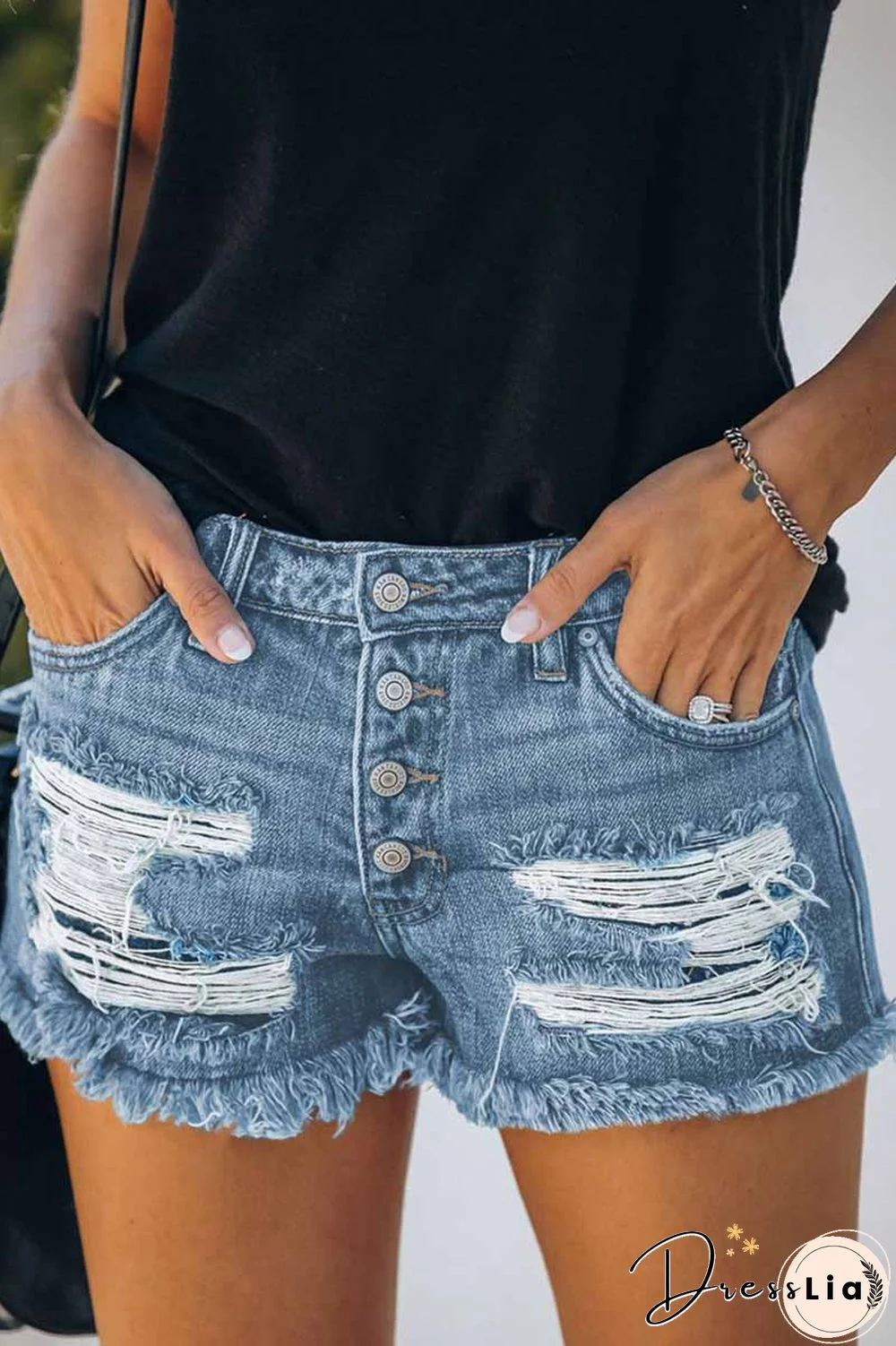 New Washed Frayed Mid-Waist Three-Point Denim Shorts