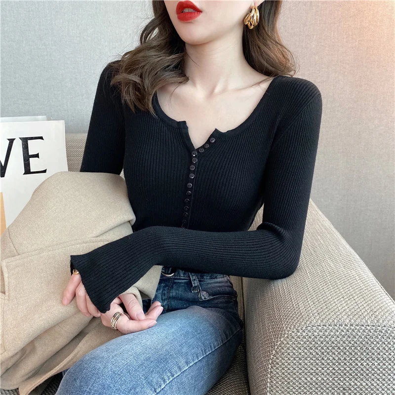 Uveng Uveng Sweater Women's Autumn And Winter Under The Bottom Shirt V Collar 2024 New Burst Long-Sleeved Black Tight Coat