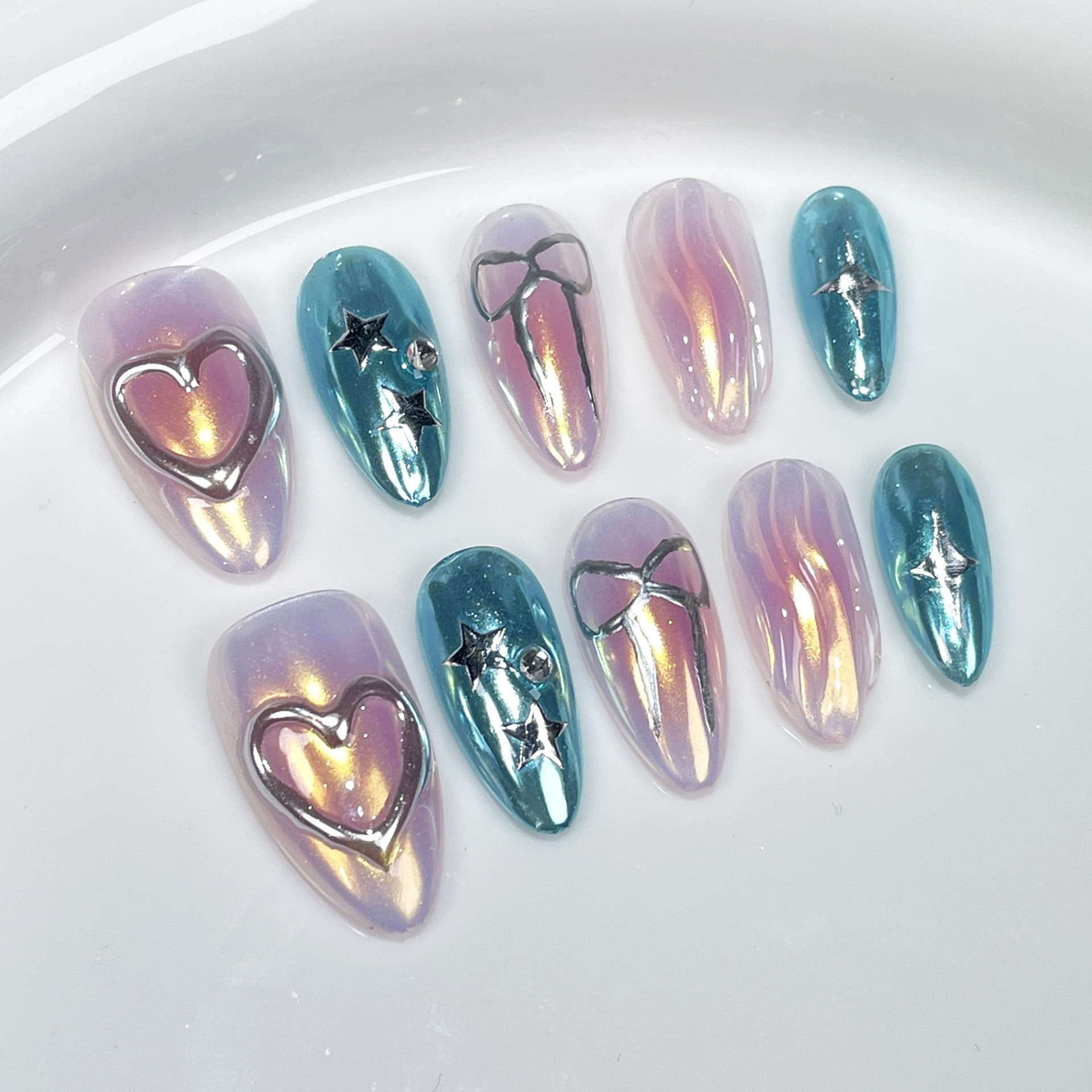 Sweet Cool Aurora Metal Green Pink Wearable Nails
