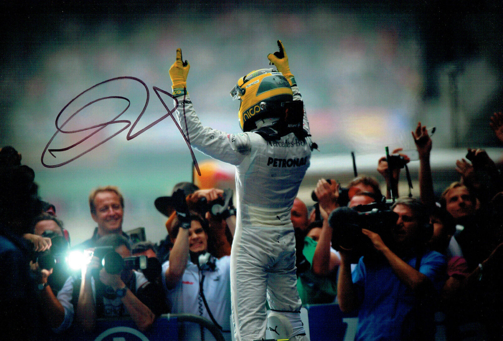 Nico ROSBERG SIGNED 12x8 Celebration Photo Poster painting MERCEDES Driver AFTAL COA Autograph