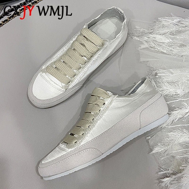 CXJYWMJL Silk Little White Shoes For Women's Retro Flats Autumn Comfortable Fashion Sneakers All-match Casual Vulcanized Shoes