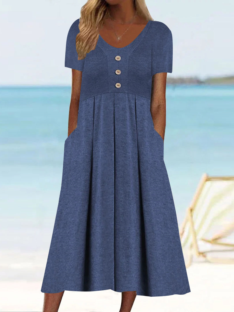 Women's Short Sleeve Scoop Neck Solid Buttons Tops