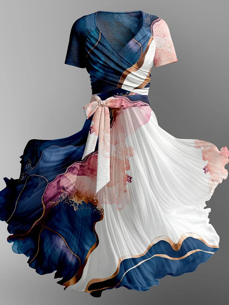 Elegant Abstract Art Pattern V Neck Bow Tie Midi Dress