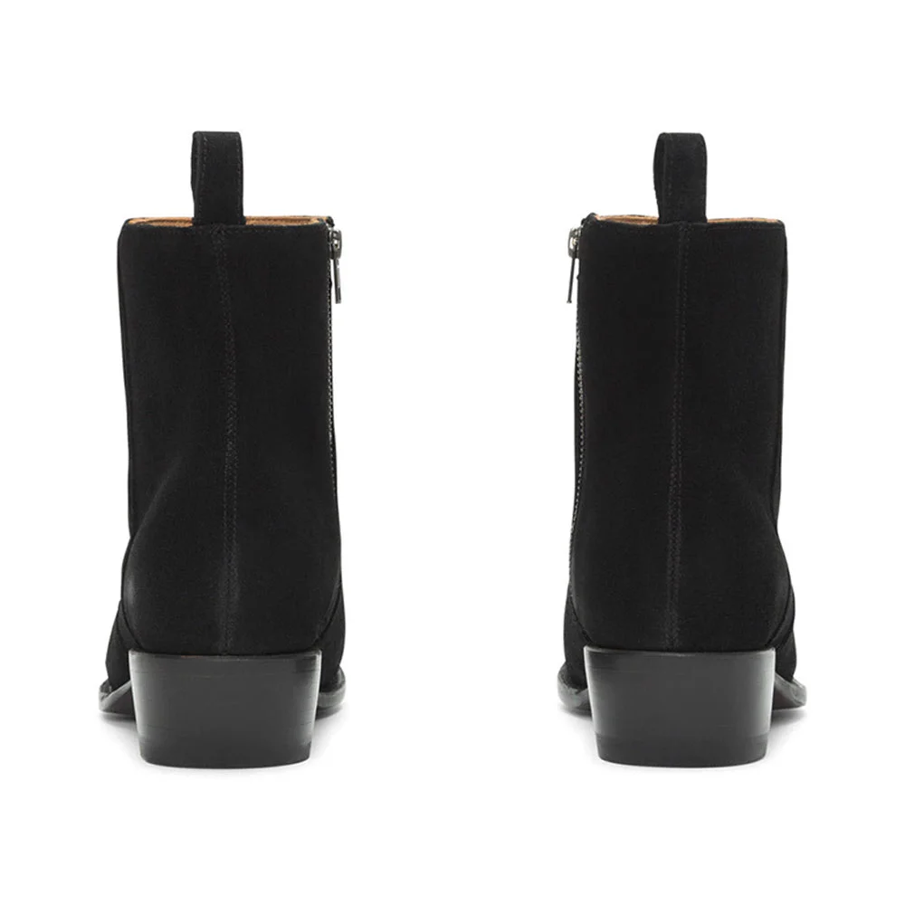 Black Vegan Suede Chunky Heel Square Toe Zipper Booties for Women