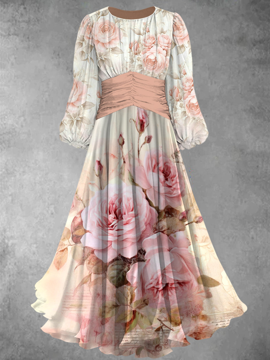 Retro Floral Art Print Elegant Chic Round Neck Long Sleeve Midi Dress