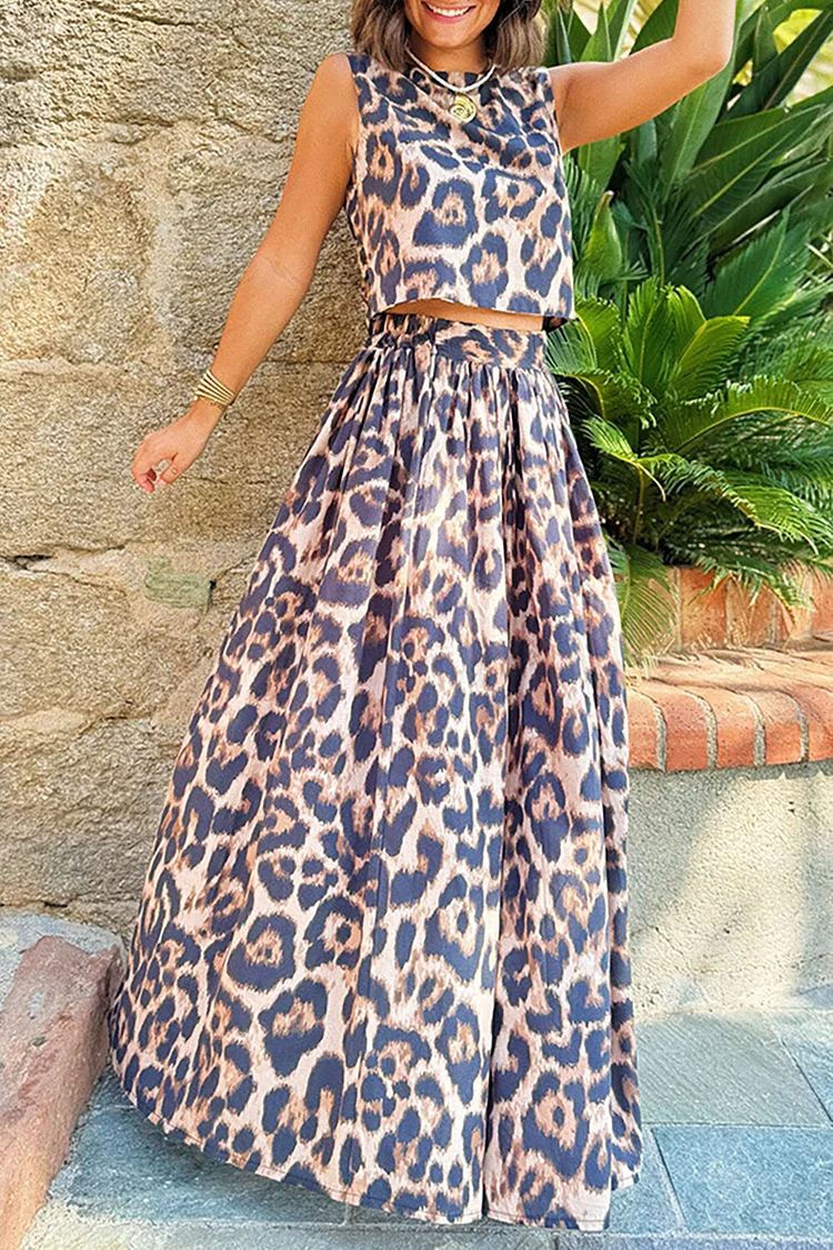 Leopard Print Sleeveless Open Back Top A-Line Maxi Skirt 2pcs Set-Brown