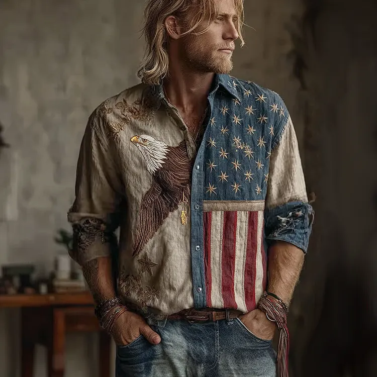 Men's Retro American Flag Element Eagle Pattern Embroidery Casual Linen Shirt