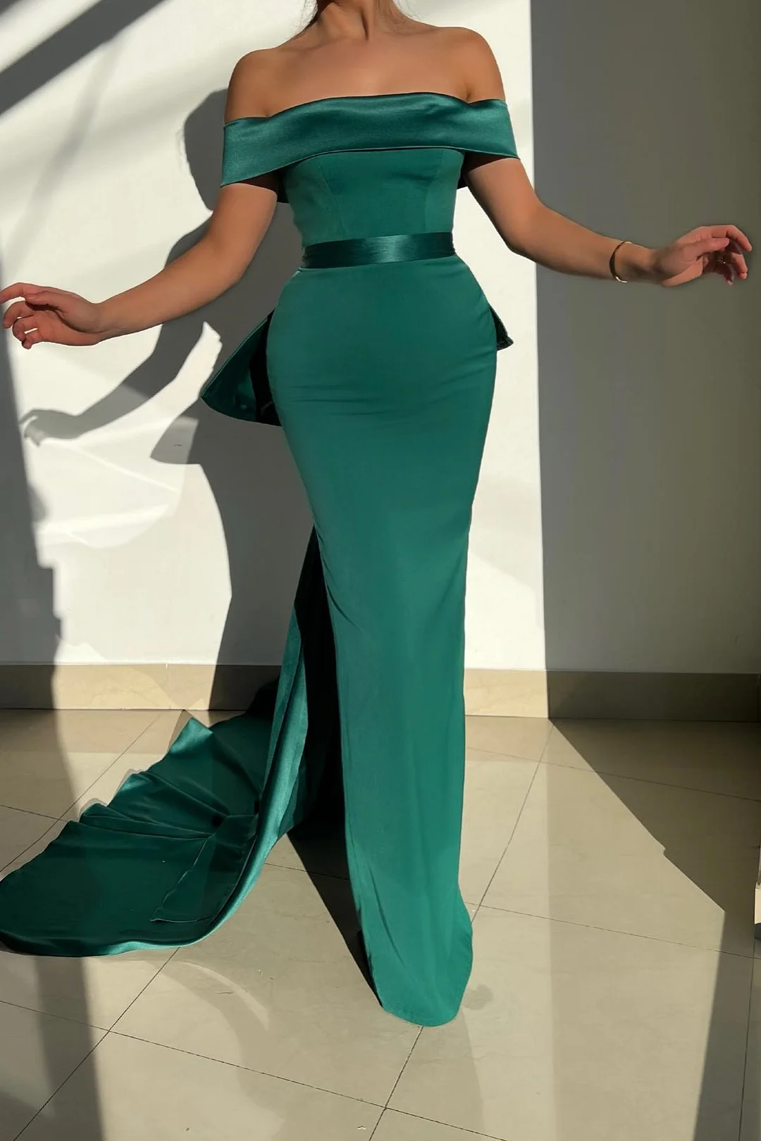 Bellasprom Emerald Green Off-The-Shoulder Mermaid Prom Dress With Ruffle On Sale