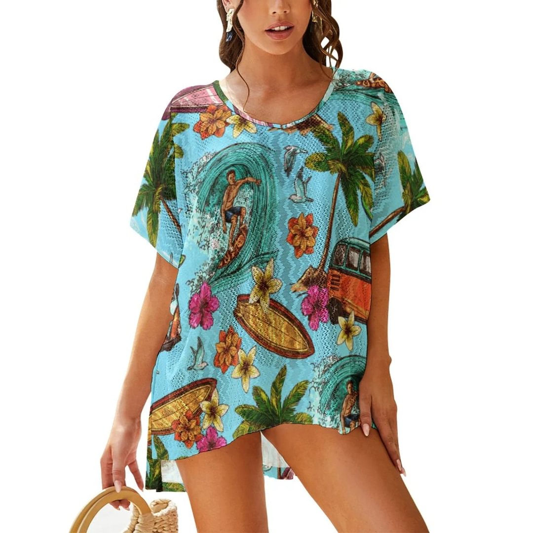 Hawaii Beach Surfer V Neck Lace Blouse Women Summer Boho Loose Fit Crewneck Short Sleeve Shirts Tops