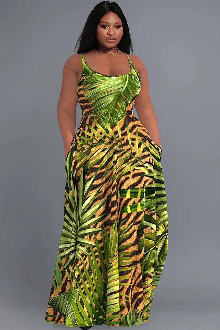 Xpluswear Design Plus Size Green Casual Tropical Leopard Print With Pockets Maxi Dresses [Pre-Order]