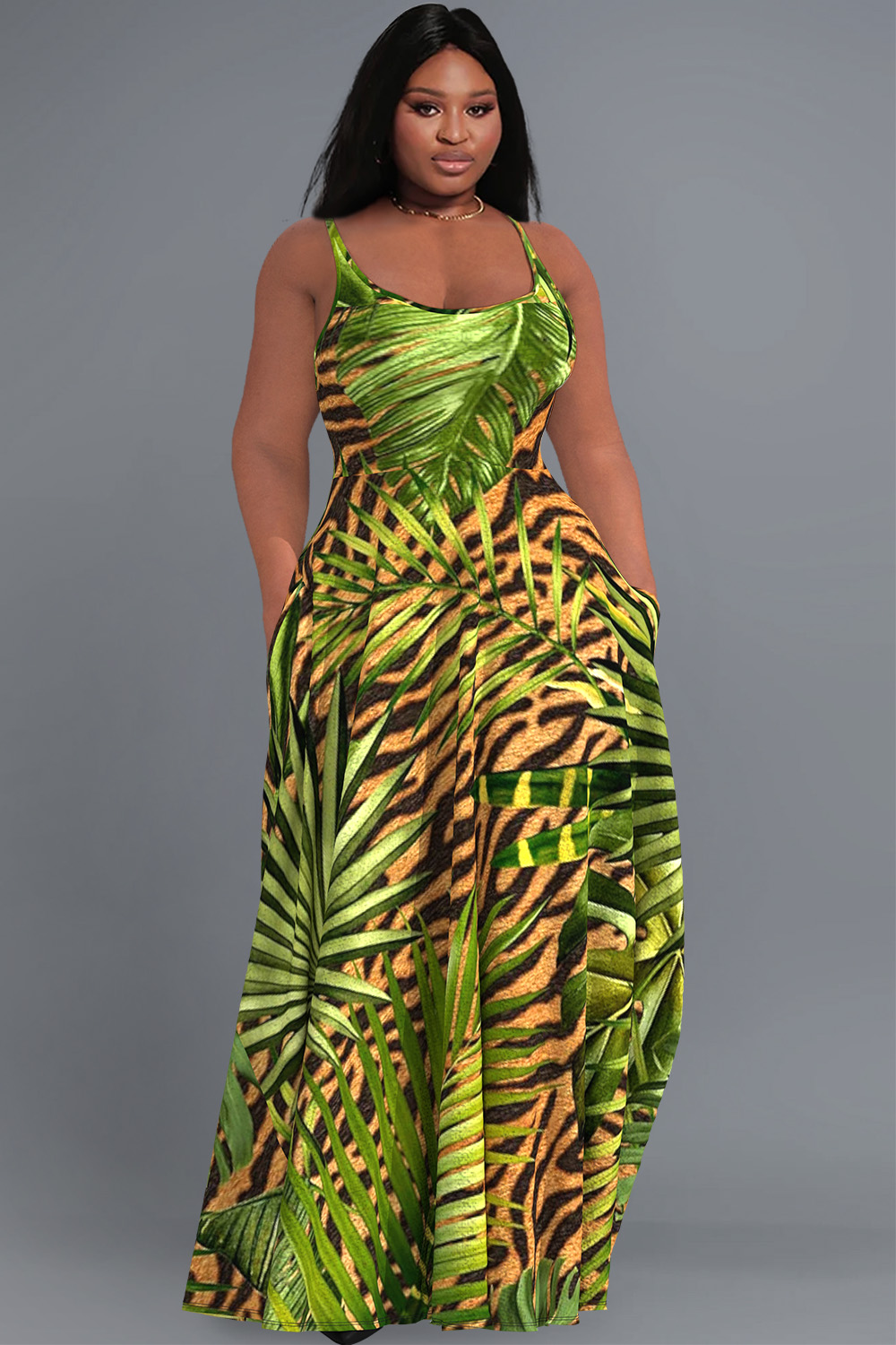 Design Plus Size Green Casual Tropical Leopard Print With Pockets Maxi Dresses [Pre-Order]