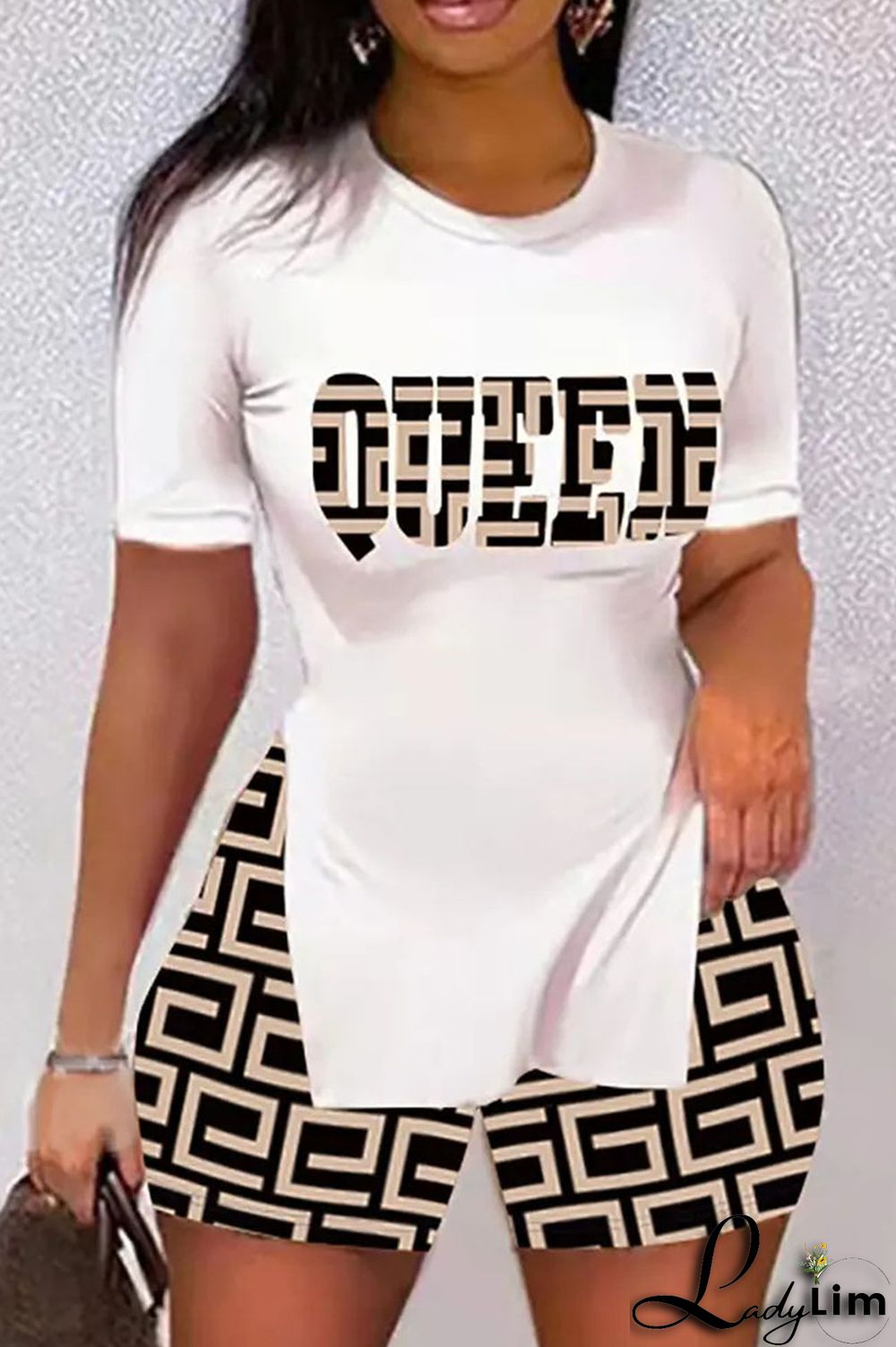 Black Casual Print Split Joint Slit O Neck Short Sleeve Two Pieces
