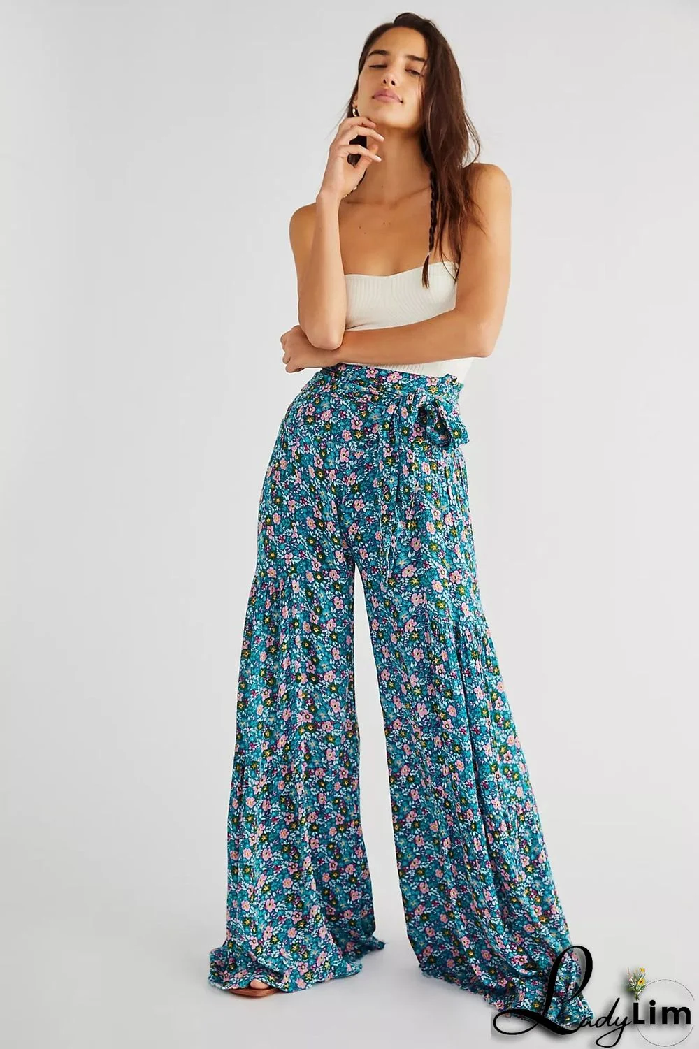 Waist Bowknot Tie Printed Beach Pants