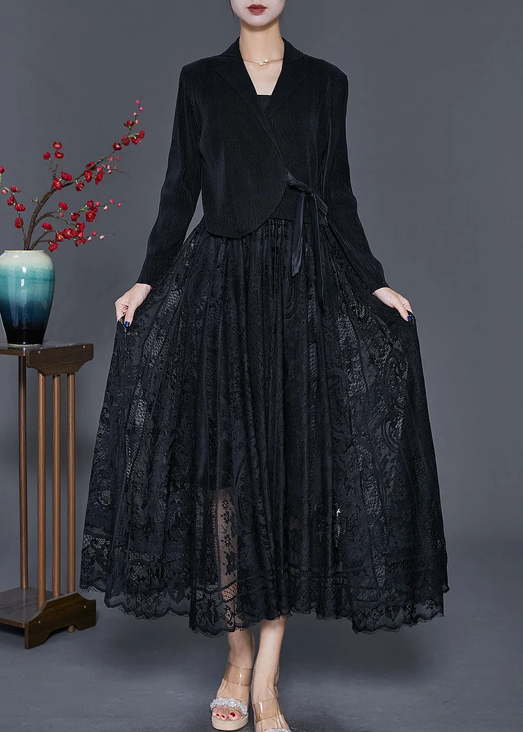 Unique Black Tie Waist Lace Patchwork Silk Velour Maxi Dresses Fall