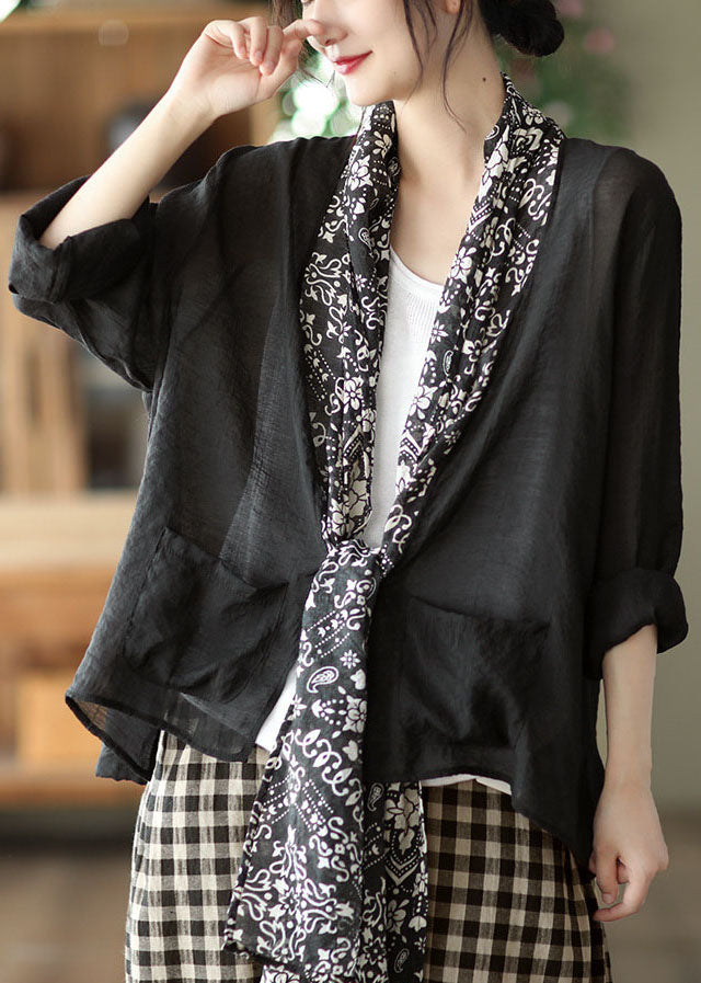 VCSHOES Black Turtle Neck Patchwork Linen UPF 50+ Coat Long Sleeve