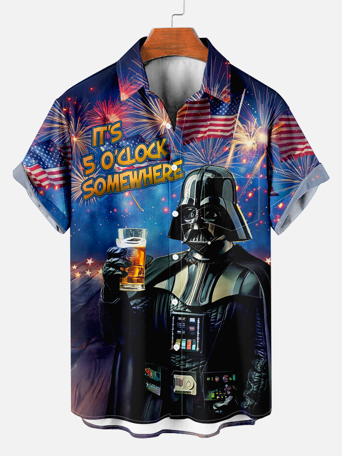 Men's Comfortable American Flag Soldier Fireworks Beer Celebration Print Shirt PLUSCLOTHESMAN