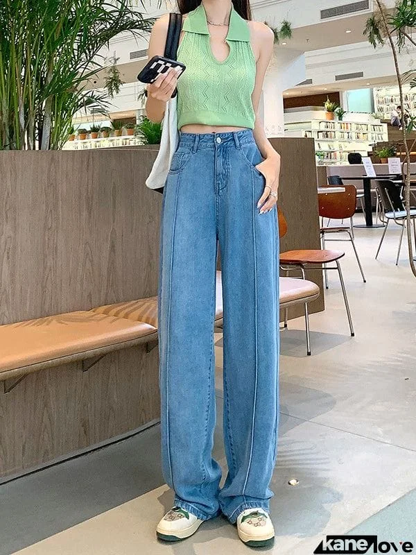 Casual High Waisted Tencel Wide Leg Jean Pants Bottoms