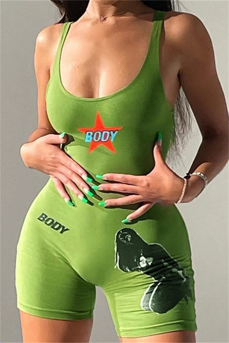 Fashion Casual Print Backless U Neck Skinny Romper