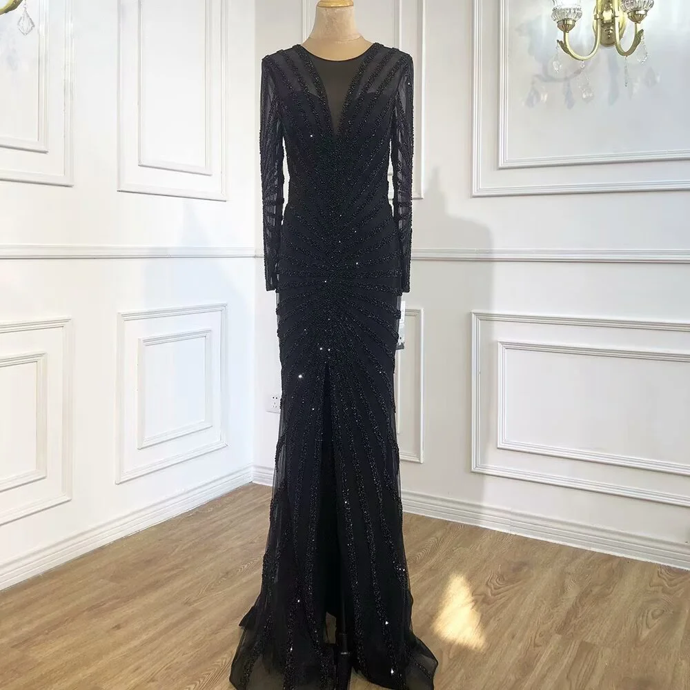 Lisliy Sexy Black Sequin Prom Dress Long Sleeve V Neck High Slit Mermaid 