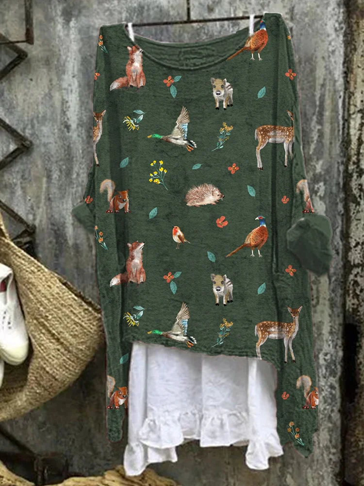 Forest Animals Print Linen Blend Vintage Shirt