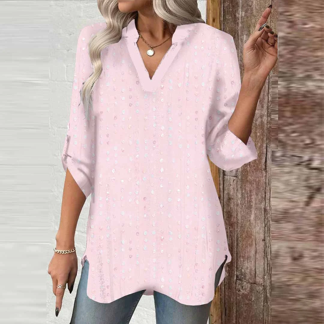 Women Pink, Polka Dots, Shiny DZGA0510 3/4 Sleeve V-neck Printed Graphic Button Tops